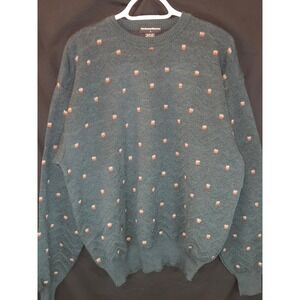 Neiman Marcus Mens Vintage Green Wool Sweater Dot Pattern Crew Neck Pullover‎ L